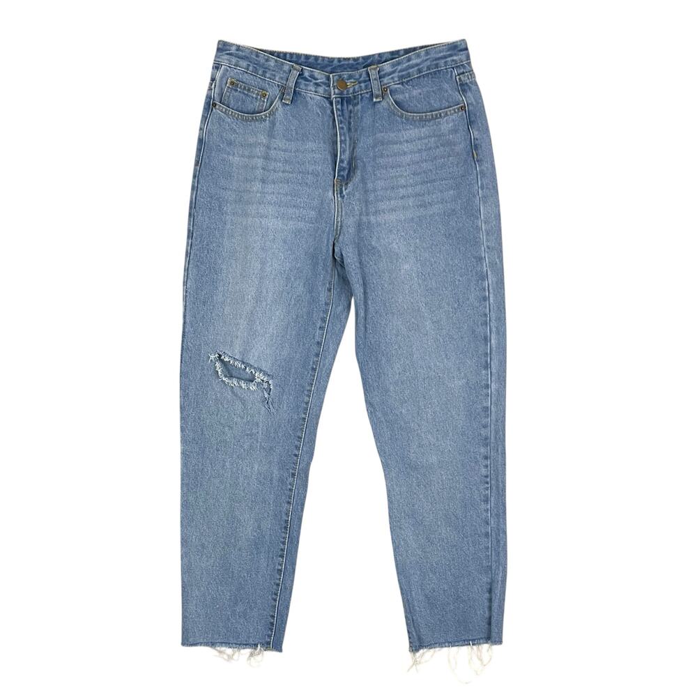 SHEIN Distressed Raw Hem High Rise Mom Jeans Light Wash Size Large